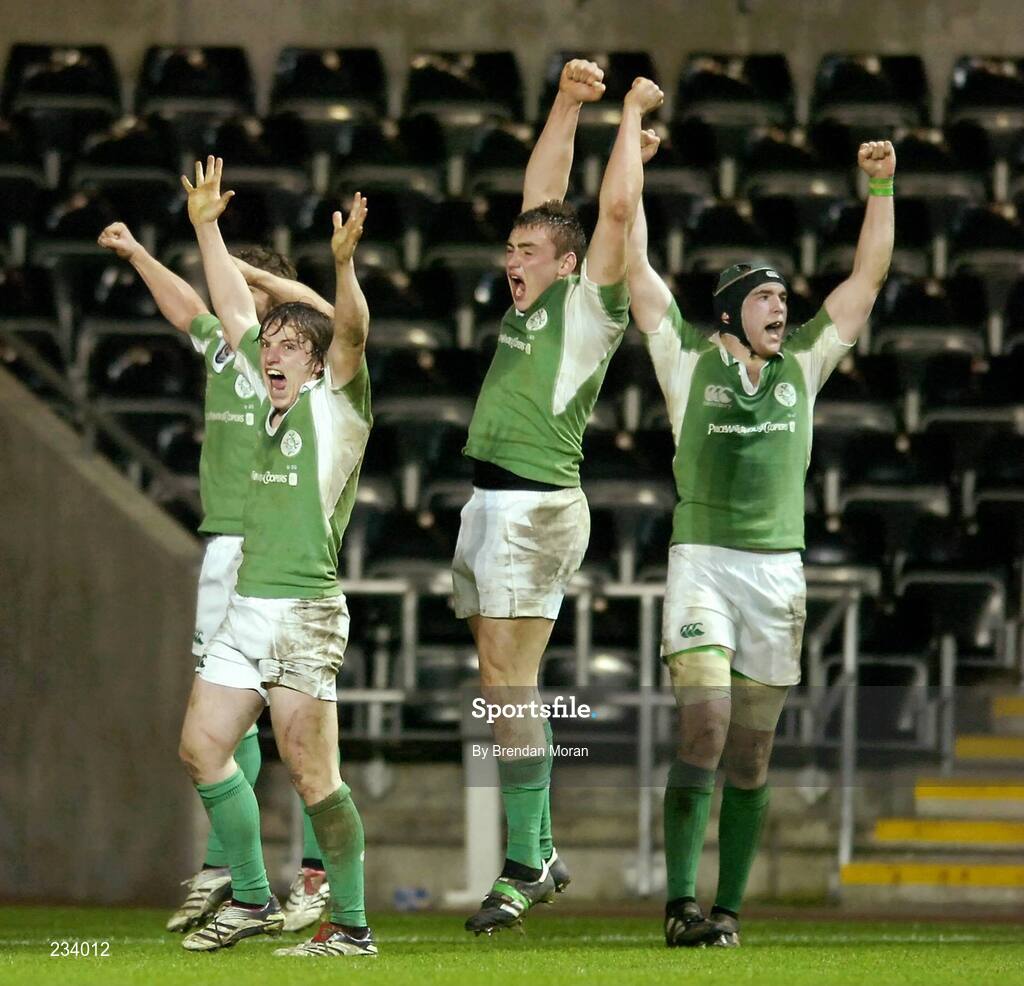 2 February 2007; Irish players, from left, Paul O'Donohoe, Tommy O'Donnell and David Pollock celebrate victory at the final whistle. U20 Six Nations Rugby Championship, Wales v Ireland, Liberty Stadium, Swansea, Wales. Picture credit: Brendan Moran / SPORTSFILE