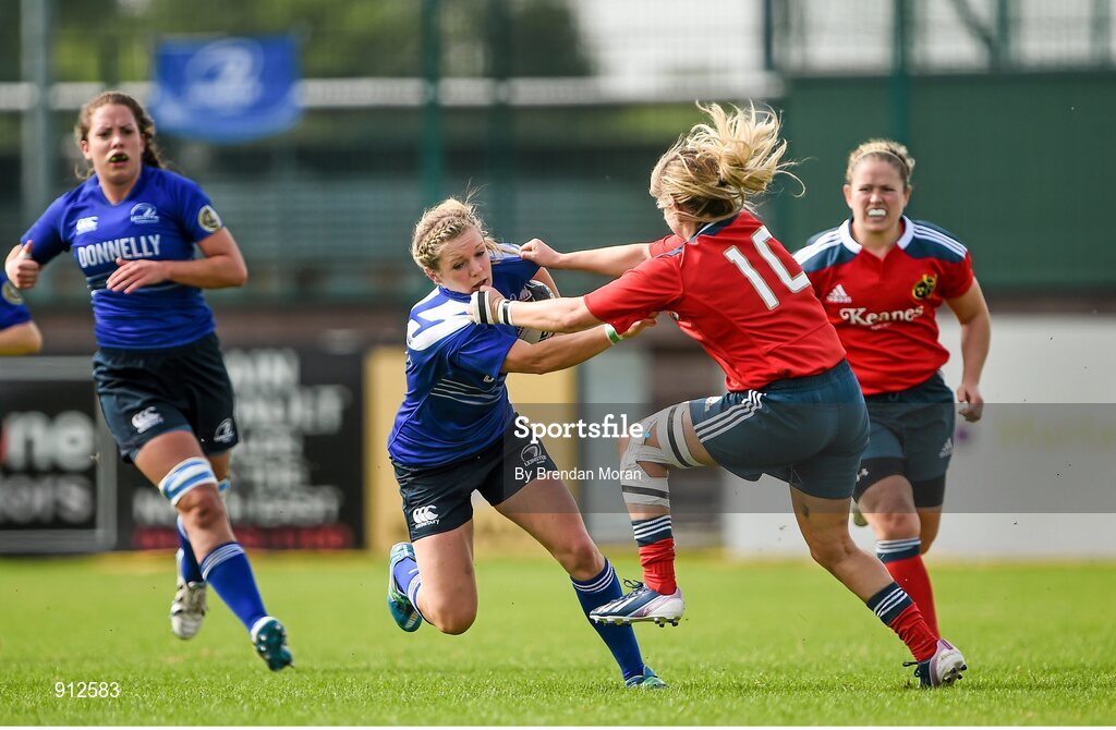 13 September 2014; Vikki McGinn, Leinster, is tackled by Laura O'Mahony, Munster. Women’s Senior Interprovincial, Leinster v Munster, Ashbourne RFC, Ashbourne, Co. Meath. Picture credit: Brendan Moran / SPORTSFILE