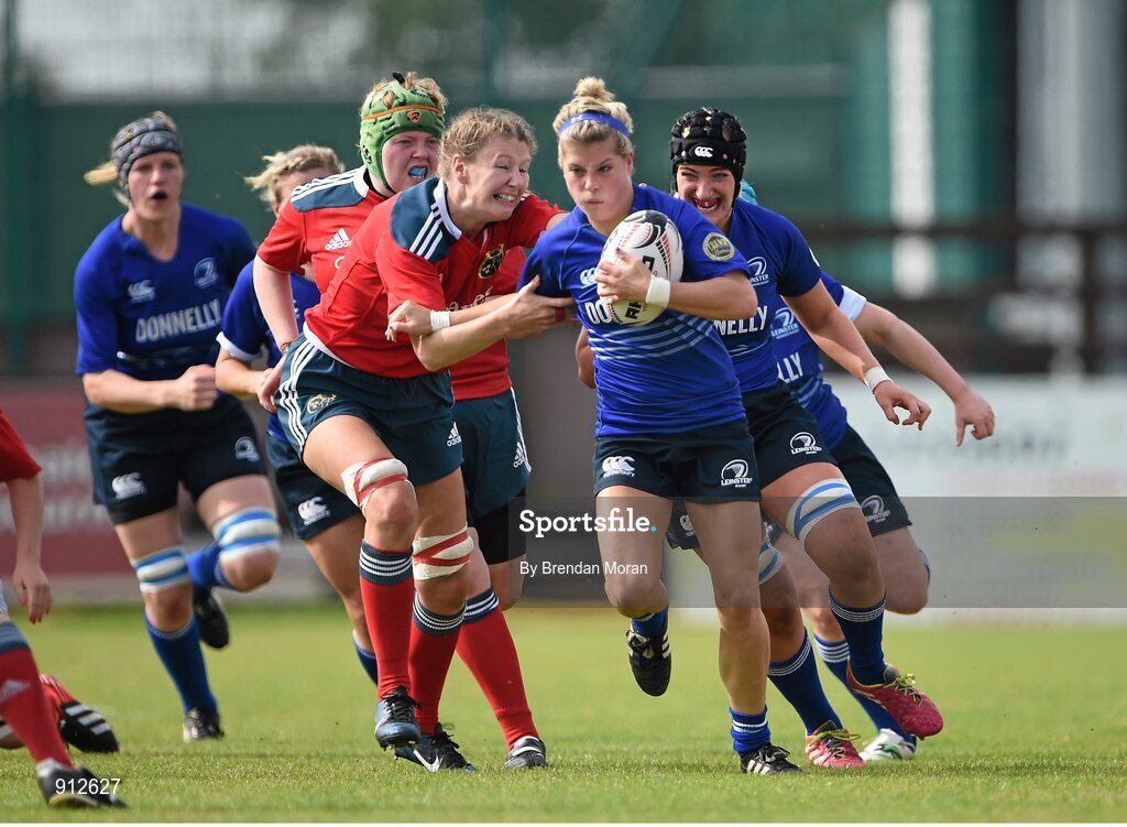 13 September 2014; Alisa Hughes, Leinster, is tackled by Maeve Darcy, Munster. Women’s Senior Interprovincial, Leinster v Munster, Ashbourne RFC, Ashbourne, Co. Meath. Picture credit: Brendan Moran / SPORTSFILE