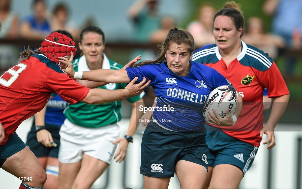 13 September 2014; Meg Parkinson, Leinster, is tackled by Leah Barbour, Munster. Women’s Senior Interprovincial, Leinster v Munster, Ashbourne RFC, Ashbourne, Co. Meath. Picture credit: Brendan Moran / SPORTSFILE