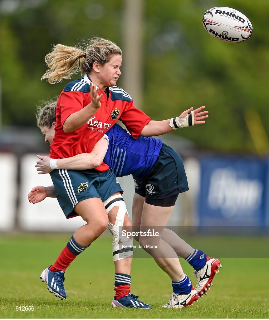 13 September 2014; Laura O'Mahony, Munster, is tackled by Janice Daly, Leinster. Women’s Senior Interprovincial, Leinster v Munster, Ashbourne RFC, Ashbourne, Co. Meath. Picture credit: Brendan Moran / SPORTSFILE