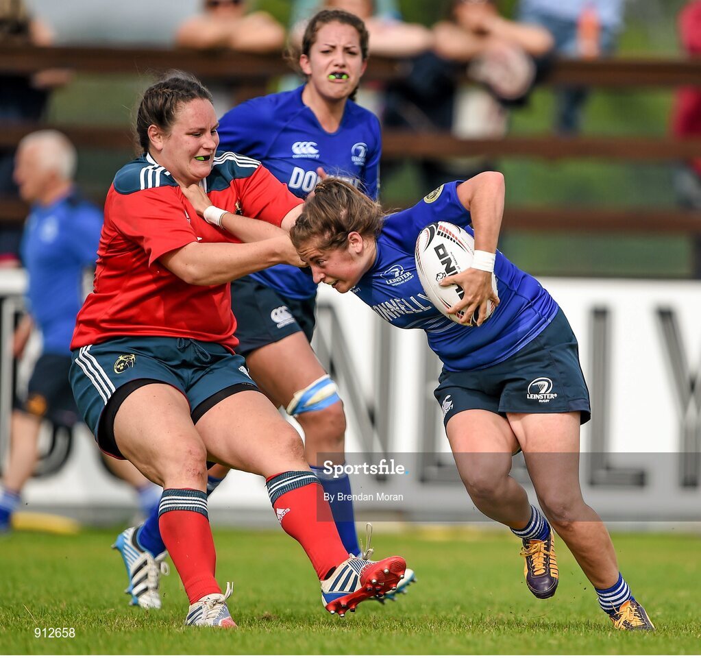 13 September 2014; Meg Parkinson, Leinster, is tackled by Ger Rea, Munster. Women’s Senior Interprovincial, Leinster v Munster, Ashbourne RFC, Ashbourne, Co. Meath. Picture credit: Brendan Moran / SPORTSFILE