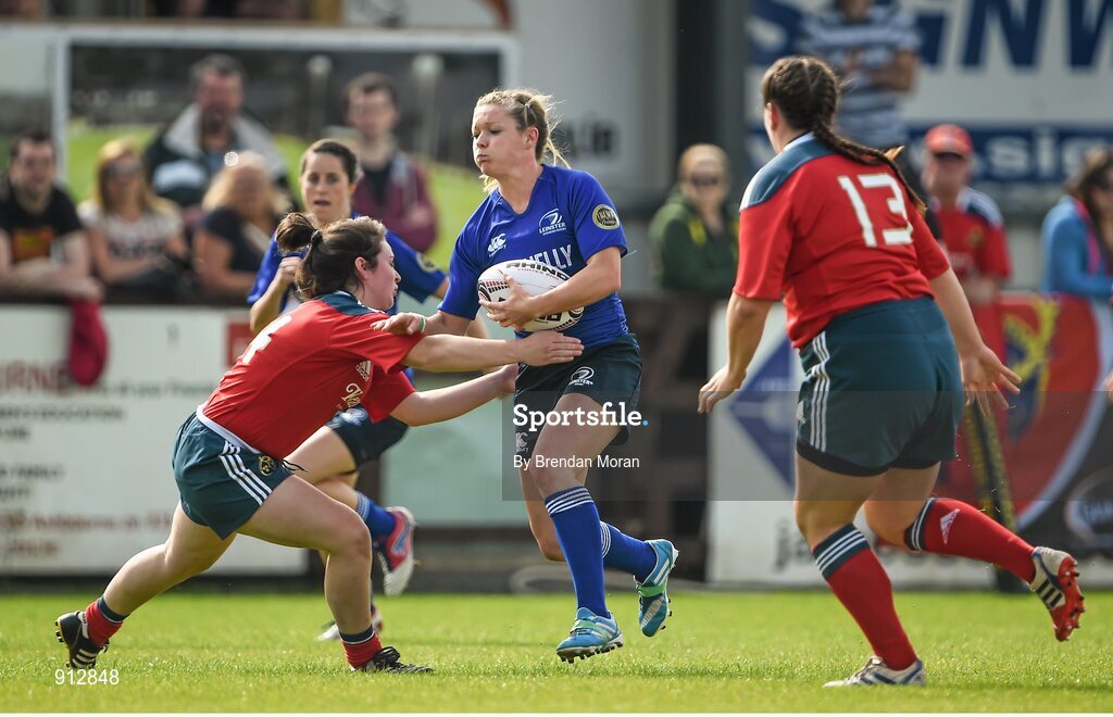 13 September 2014; Vikki McGinn, Leinster, is tackled by Deirbhile Nic A Bhaird, Munster. Women’s Senior Interprovincial, Leinster v Munster, Ashbourne RFC, Ashbourne, Co. Meath. Picture credit: Brendan Moran / SPORTSFILE