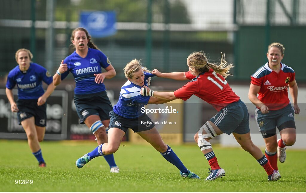 13 September 2014; Vikki McGinn, Leinster, is tackled by Laura O'Mahony, Munster. Women’s Senior Interprovincial, Leinster v Munster, Ashbourne RFC, Ashbourne, Co. Meath. Picture credit: Brendan Moran / SPORTSFILE