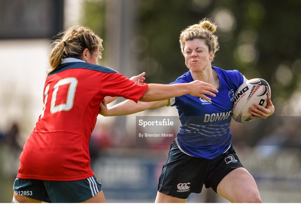 13 September 2014; Janice Daly, Leinster, is tackled by Laura O'Mahony, Munster. Women’s Senior Interprovincial, Leinster v Munster, Ashbourne RFC, Ashbourne, Co. Meath. Picture credit: Brendan Moran / SPORTSFILE