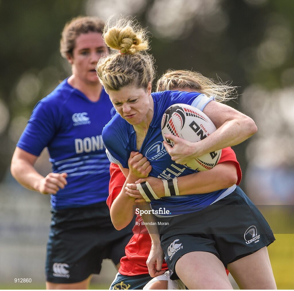 13 September 2014; Janice Daly, Leinster, is tackled by Laura O'Mahony, Munster. Women’s Senior Interprovincial, Leinster v Munster, Ashbourne RFC, Ashbourne, Co. Meath. Picture credit: Brendan Moran / SPORTSFILE