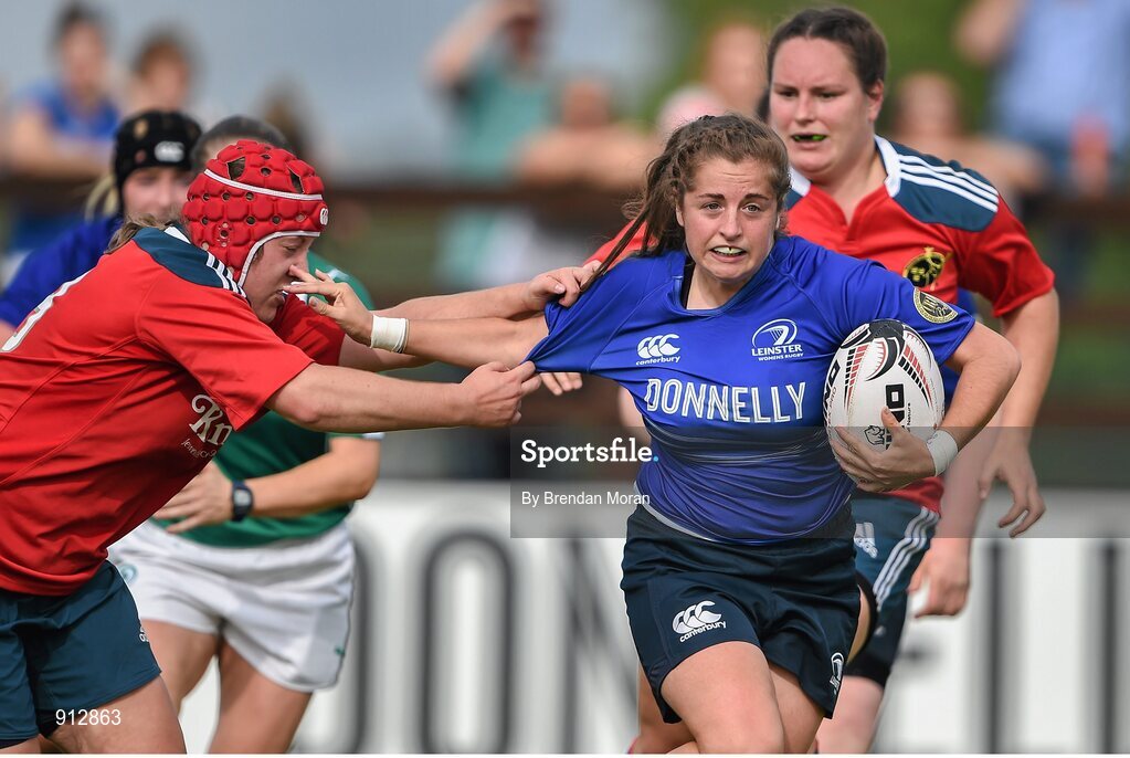 13 September 2014; Meg Parkinson, Leinster, is tackled by Leah Barbour, Munster. Women’s Senior Interprovincial, Leinster v Munster, Ashbourne RFC, Ashbourne, Co. Meath. Picture credit: Brendan Moran / SPORTSFILE