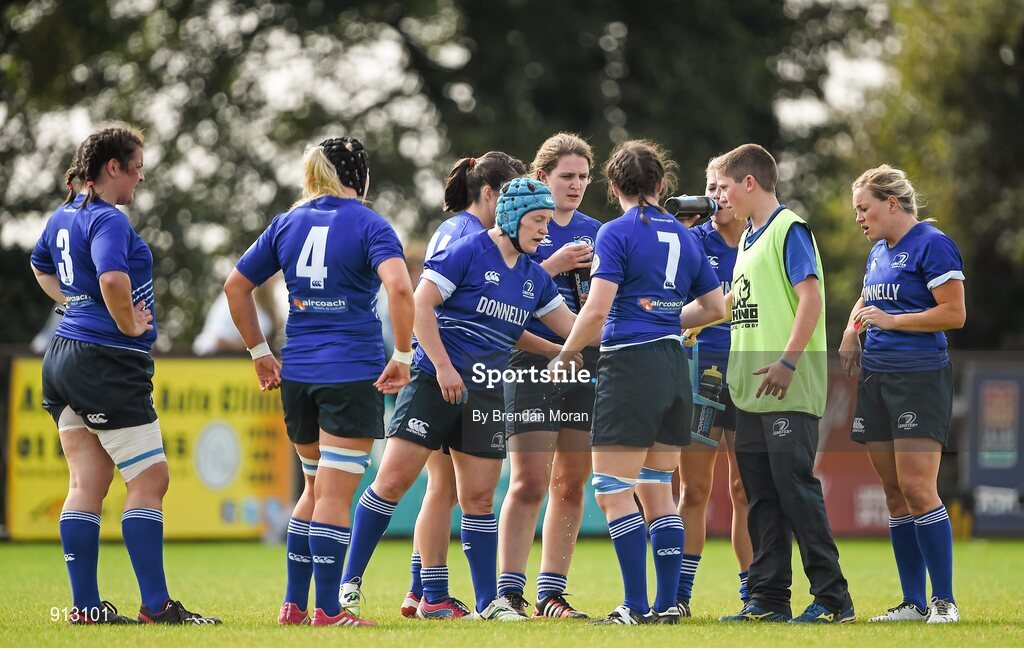 13 September 2014; The Leinster squad take a water break during the match. Women’s Senior Interprovincial, Leinster v Munster, Ashbourne RFC, Ashbourne, Co. Meath. Picture credit: Brendan Moran / SPORTSFILE