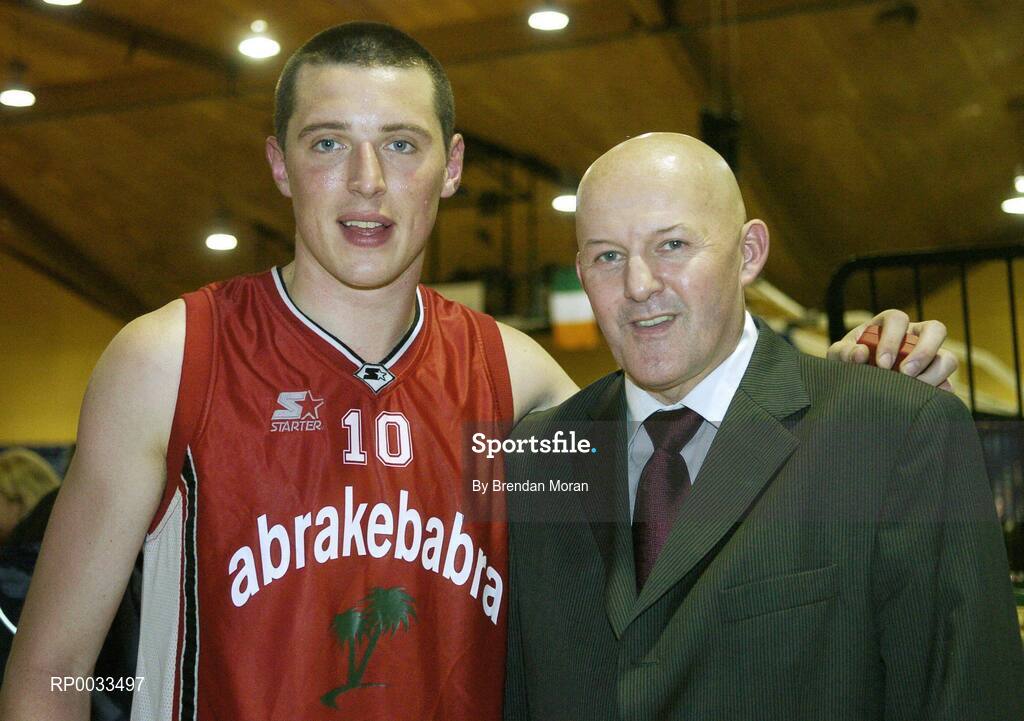 28 January 2007; Kieran Donaghy, Abrakebabra Tigers, with Tony Colgan, President Basketball Ireland. Men's Superleague National Cup Final, Abrakebabra Tigers, Tralee, Co. Kerry v UCC Demons, Cork, National Basketball Arena, Tallaght, Dublin. Picture credit: Brendan Moran / SPORTSFILE