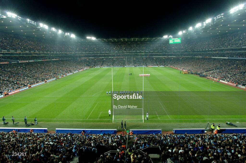 3 February 2007; The Dublin and Tyrone teams stand for the national anthem before the start of the game. Allianz NFL Division 1A, Dublin v Tyrone, Croke Park, Dublin. Picture credit: David Maher / SPORTSFILE