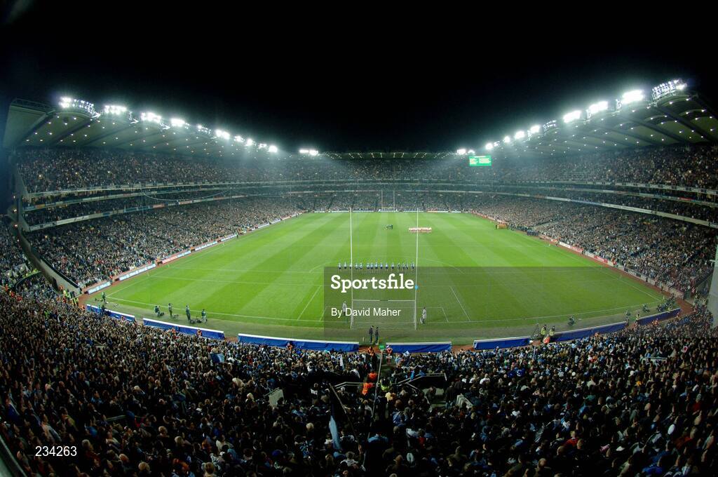 3 February 2007; The Dublin and Tyrone teams stand for the national anthem before the start of the game. Allianz NFL Division 1A, Dublin v Tyrone, Croke Park, Dublin. Picture credit: David Maher / SPORTSFILE