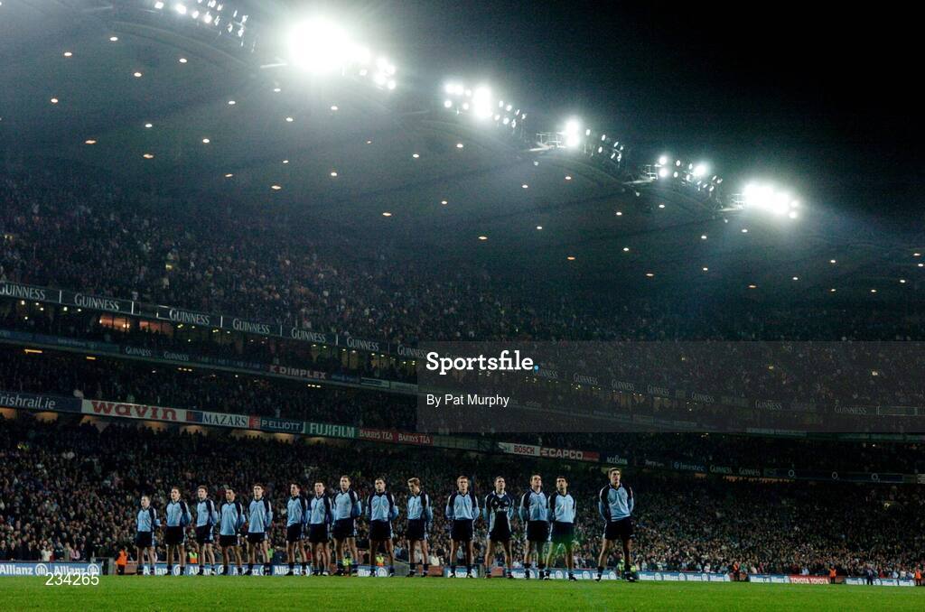 3 February 2007; The Dublin players stand for the National Anthem. Allianz NFL Division 1A, Dublin v Tyrone, Croke Park, Dublin. Picture credit: Pat Murphy / SPORTSFILE