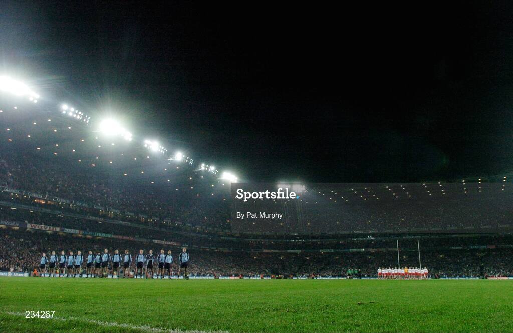 3 February 2007; The Dublin and Tyrone teams stand for the National Anthem. Allianz NFL Division 1A, Dublin v Tyrone, Croke Park, Dublin. Picture credit: Pat Murphy / SPORTSFILE