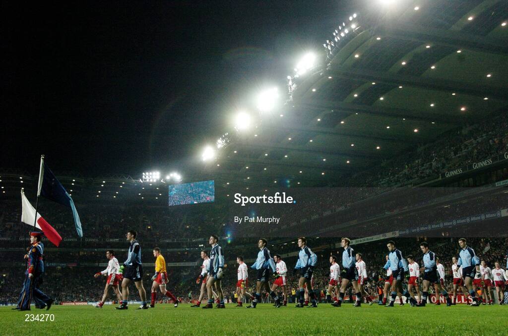 3 February 2007; The Dublin and Tyrone players march on the pre-match parade. Allianz NFL Division 1A, Dublin v Tyrone, Croke Park, Dublin. Picture credit: Pat Murphy / SPORTSFILE