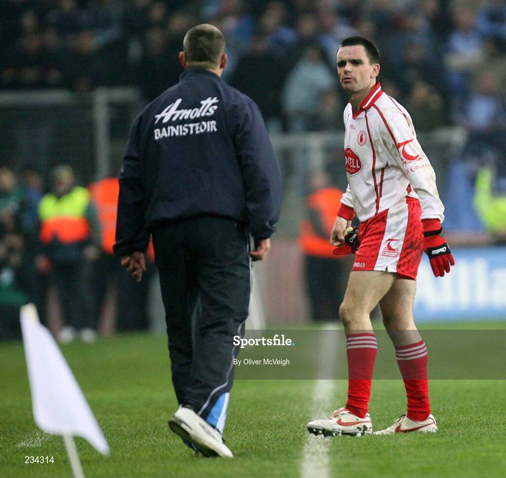 3 February 2007; Ryan McMenamin, Tyrone, exchanges words with Dublin manager Paul Caffrey, after being sent off. Allianz NFL Division 1A, Dublin v Tyrone, Croke Park, Dublin. Picture credit: Oliver McVeigh / SPORTSFILE