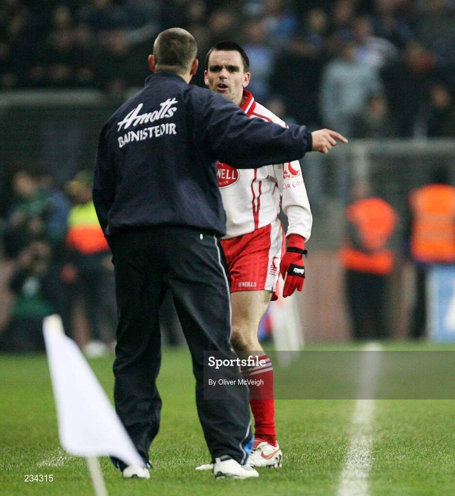 3 February 2007; Ryan McMenamin, Tyrone, exchanges words with Dublin manager Paul Caffrey, after being sent off. Allianz NFL Division 1A, Dublin v Tyrone, Croke Park, Dublin. Picture credit: Oliver McVeigh / SPORTSFILE