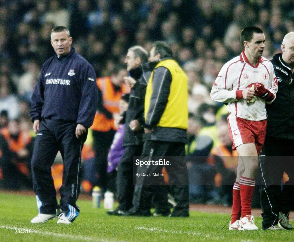 3 February 2007; Dublin manager Paul Caffrey looks on as Tyrone's Ryan McMenamin leaves the pitch, after been sent off by referee Pat Enaney. Allianz NFL Division 1A, Dublin v Tyrone, Croke Park, Dublin. Picture credit: David Maher / SPORTSFILE