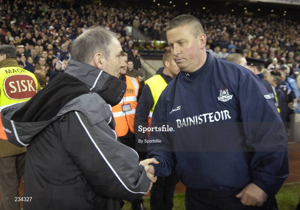 3 February 2007; Dublin manager Paul Caffrey shaking hands with Tyrone manager Mickey Harte after the game. Allianz NFL Division 1A, Dublin v Tyrone, Croke Park, Dublin. Photo by Sportsfile *** Local Caption ***