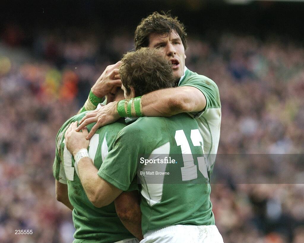 11 February 2007; Ronan O'Gara, 10, Ireland, celebrates his try against France with team-mates Shane Horgan and Gordon D'Arcy, 13. RBS Six Nations Rugby Championship, Ireland v France, Croke Park, Dublin. Picture Credit: Matt Browne / SPORTSFILE