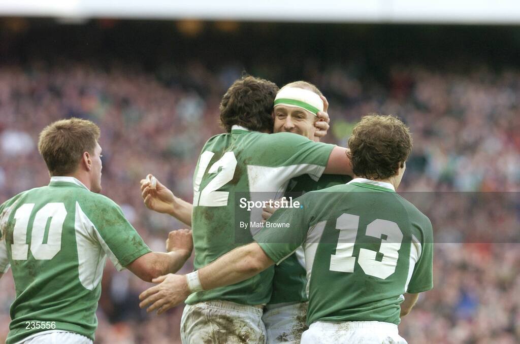 11 February 2007; Ireland's Ronan O'Gara, 10, celebrates his try against France with team-mates Shane Horgan, 12, Denis Hickie and Gordon D'Arcy, 13. RBS Six Nations Rugby Championship, Ireland v France, Croke Park, Dublin. Picture Credit: Matt Browne / SPORTSFILE