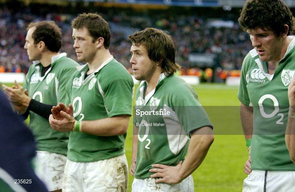 11 February 2007; Dejected Ireland players, left to right, Geordan Murphy, Marcus Horan, Issac Boss and Shane Horgan, at the end of the game. RBS Six Nations Rugby Championship, Ireland v France, Croke Park, Dublin. Picture Credit: David Maher / SPORTSFILE