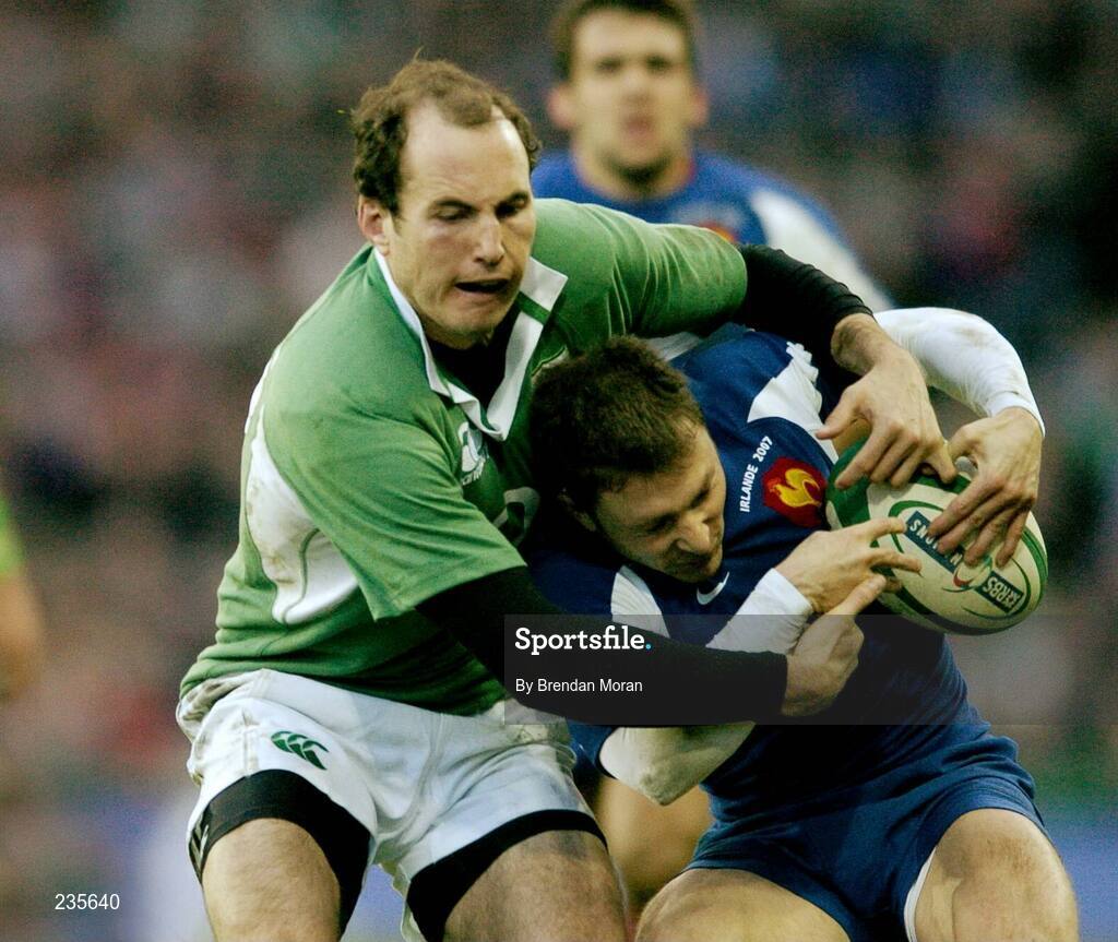 11 February 2007; Pierre Mignoni, France, is tackled by Girvan Dempsey, Ireland. RBS Six Nations Rugby Championship, Ireland v France, Croke Park, Dublin. Picture Credit: Brendan Moran / SPORTSFILE