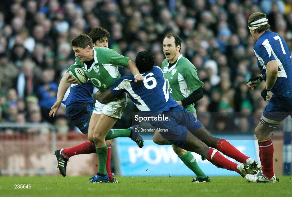 11 February 2007; Ronan O'Gara, Ireland, is tackled by Serge Betsen, France. RBS Six Nations Rugby Championship, Ireland v France, Croke Park, Dublin. Picture Credit: Brendan Moran / SPORTSFILE