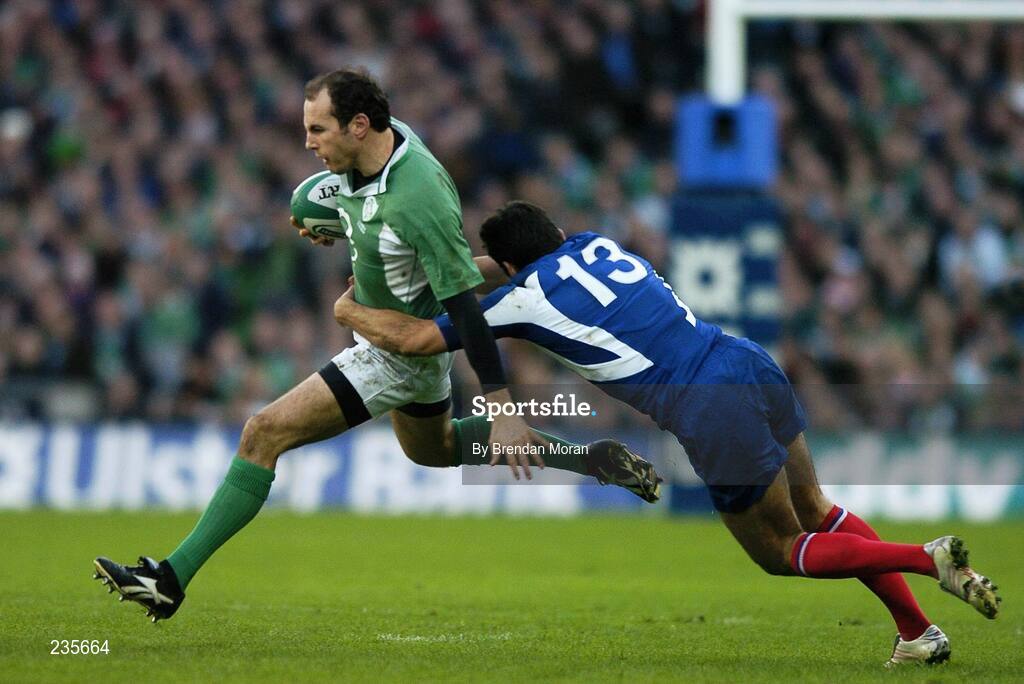 11 February 2007; Girvan Dempsey, Ireland, is tackled by David Marty, France. RBS Six Nations Rugby Championship, Ireland v France, Croke Park, Dublin. Picture Credit: Brendan Moran / SPORTSFILE