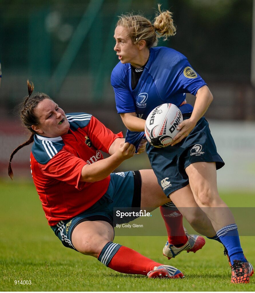 13 September 2014; Claire Ryan, Leinster, is tackled by Ger Rea, Munster. Women’s Senior Interprovincial, Leinster v Munster, Ashbourne RFC, Ashbourne, Co. Meath. Picture credit; Cody Glenn / SPORTSFILE