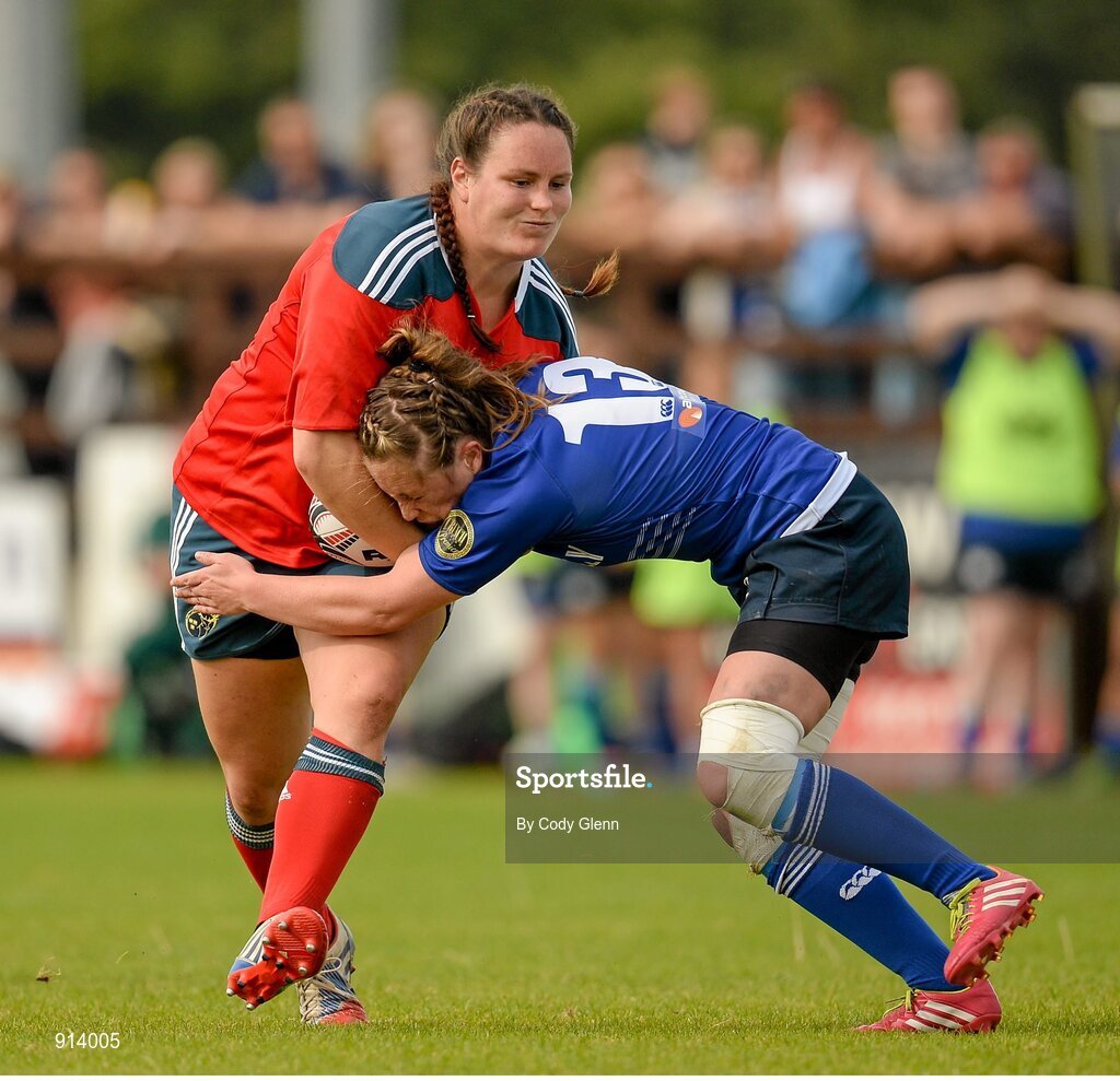 13 September 2014; Ger Rea, Munster, is tackled by Elise O'Byrne-White, Leinster. Women’s Senior Interprovincial, Leinster v Munster, Ashbourne RFC, Ashbourne, Co. Meath. Picture credit; Cody Glenn / SPORTSFILE