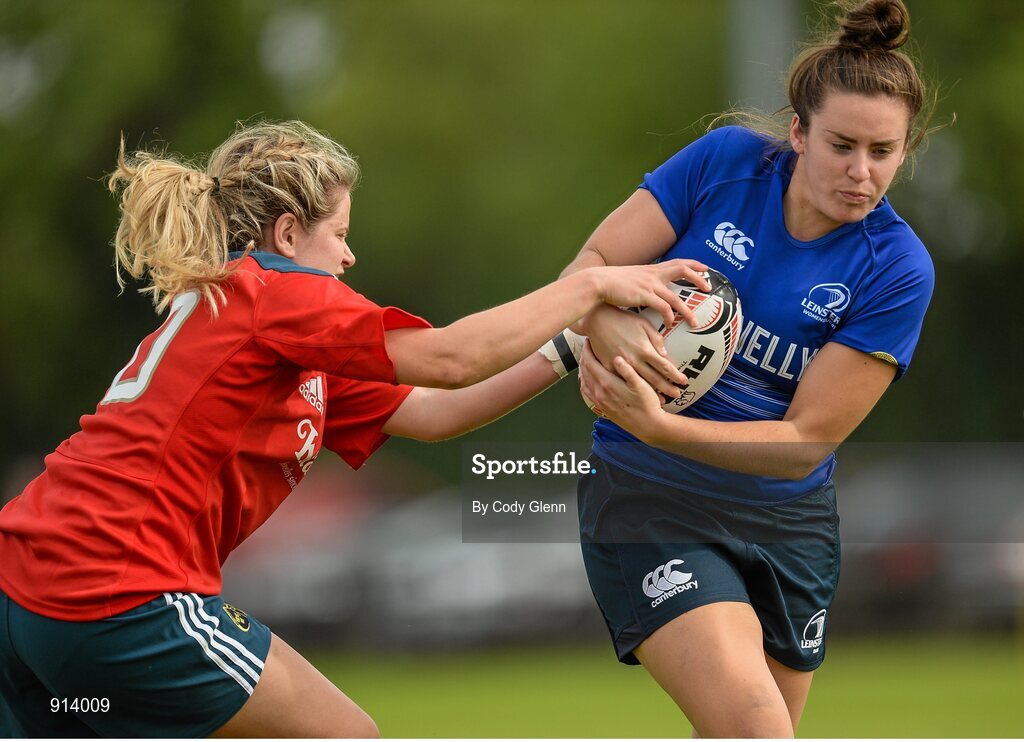 13 September 2014; Kim Flood, Leinster, is tackled by Laura O'Mahony, Munster. Women’s Senior Interprovincial, Leinster v Munster, Ashbourne RFC, Ashbourne, Co. Meath. Picture credit; Cody Glenn / SPORTSFILE