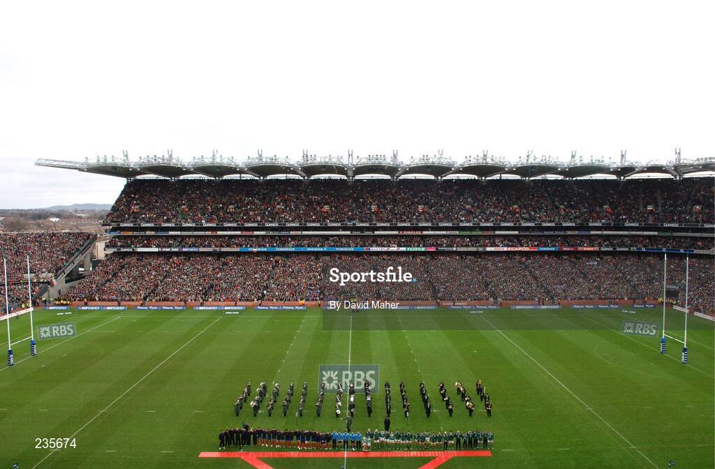 11 February 2007; A general view of the two teams and the Garda Band before the start of the game. RBS Six Nations Rugby Championship, Ireland v France, Croke Park, Dublin. Picture Credit: David Maher / SPORTSFILE