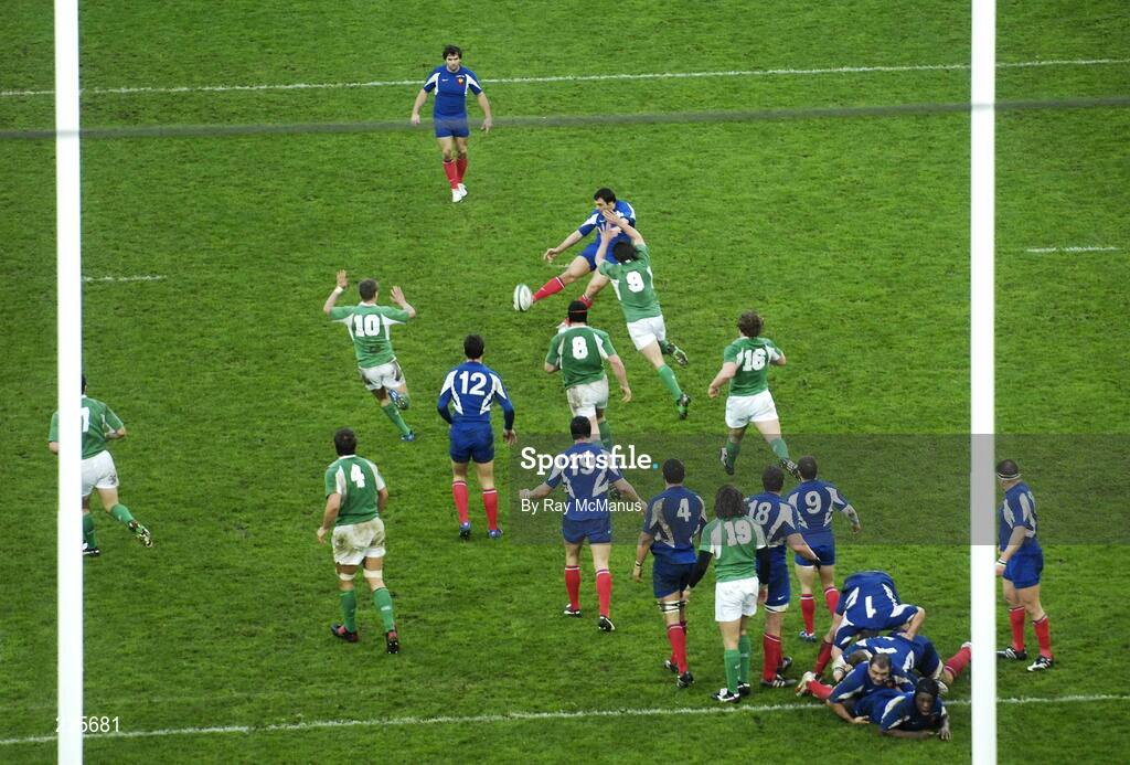 11 February 2007; Ireland's Isac Boss tries to block an attented drop goal by Lionel Beauxis, France. The ball hit the post. RBS Six Nations Rugby Championship, Ireland v France, Croke Park, Dublin. Picture credit: Ray McManus / SPORTSFILE