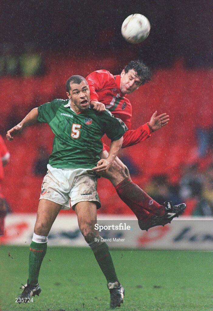 11 February 1997; Paul McGrath, Republic of Ireland, in action against Mark Hughes, Wales. International Friendly, Wales v Republic of Ireland, Cardiff Arms Park, Cardiff, Wales. Picture credit; David Maher / SPORTSFILE