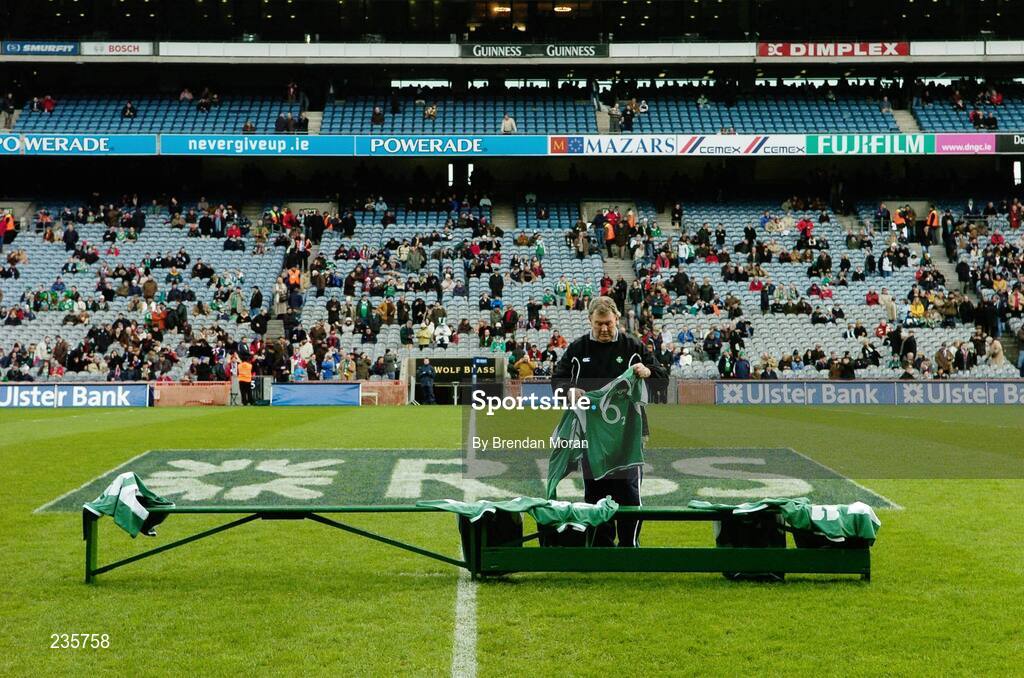 11 February 2007; Ireland baggage master Paddy "Rala" O'Reilly puts out the match jerseys for the players before the official squad photograph. RBS Six Nations Rugby Championship, Ireland v France, Croke Park, Dublin. Picture Credit: Brendan Moran / SPORTSFILE