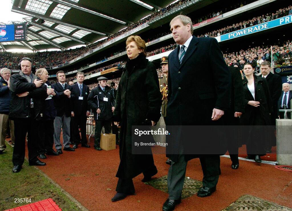 11 February 2007; President Mary McAleese makes her way to greet the teams accompanied by Peter Boyle, President of the Irish Rugby Football Union. RBS Six Nations Rugby Championship, Ireland v France, Croke Park, Dublin. Picture Credit: Brendan Moran / SPORTSFILE