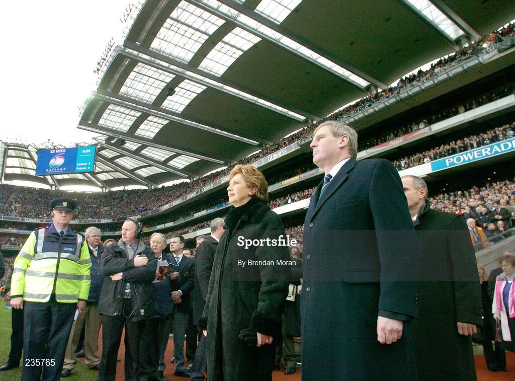 11 February 2007; President Mary McAleese accompanied by Peter Boyle, President of the Irish Rugby Football Union, stands for the Presidential Salute. RBS Six Nations Rugby Championship, Ireland v France, Croke Park, Dublin. Picture Credit: Brendan Moran / SPORTSFILE