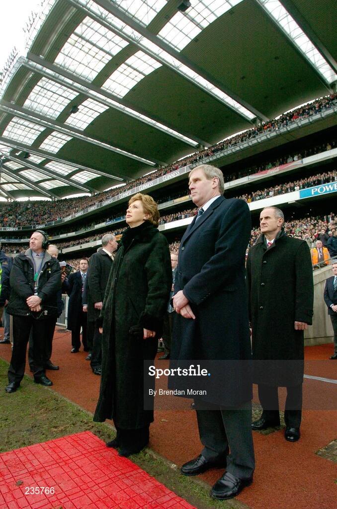 11 February 2007; President Mary McAleese, accompanied by Peter Boyle, President of the Irish Rugby Football Union, and her husband Martin McAleese, right, stands for the Presidential Salute. RBS Six Nations Rugby Championship, Ireland v France, Croke Park, Dublin. Picture Credit: Brendan Moran / SPORTSFILE