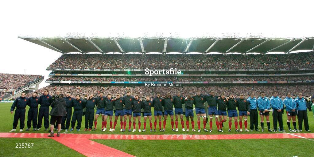 11 February 2007; The French team stand for the national anthems before the game. RBS Six Nations Rugby Championship, Ireland v France, Croke Park, Dublin. Picture Credit: Brendan Moran / SPORTSFILE