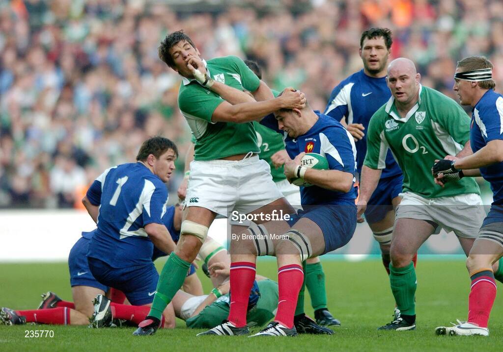 11 February 2007; Pascal Pape, France, holds off the challenge of Donncha O'Callaghan, Ireland. RBS Six Nations Rugby Championship, Ireland v France, Croke Park, Dublin. Picture Credit: Brendan Moran / SPORTSFILE