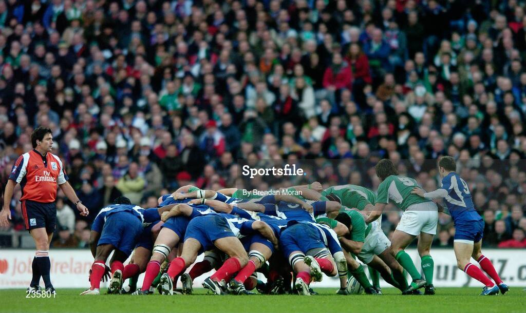 11 February 2007; The Irish and French packs engage in a scrum watched by referee Steve Walsh and the crowd in the Davin Stand. RBS Six Nations Rugby Championship, Ireland v France, Croke Park, Dublin. Picture Credit: Brendan Moran / SPORTSFILE