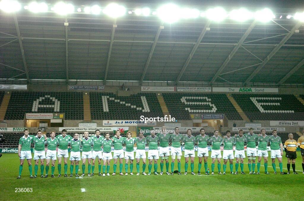 2 February 2007; The Ireland team line up for the national anthems before the game. U20 Six Nations Rugby Championship, Wales v Ireland, Liberty Stadium, Swansea, Wales. Picture credit: Brendan Moran / SPORTSFILE