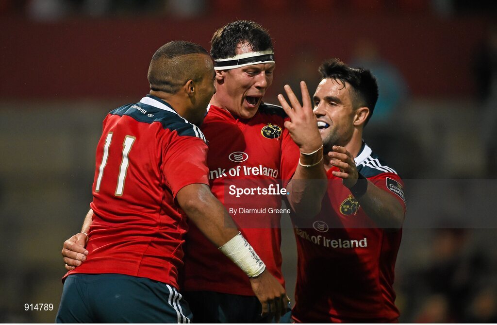 19 September 2014; Simon Zebo, Munster, is congratulated by team-mates Robin Copeland and Conor Murray, after scoring his and his side's third try. Guinness PRO12, Round 3,  Munster v Zebre. Thomond Park, Limerick. Picture credit: Diarmuid Greene / SPORTSFILE