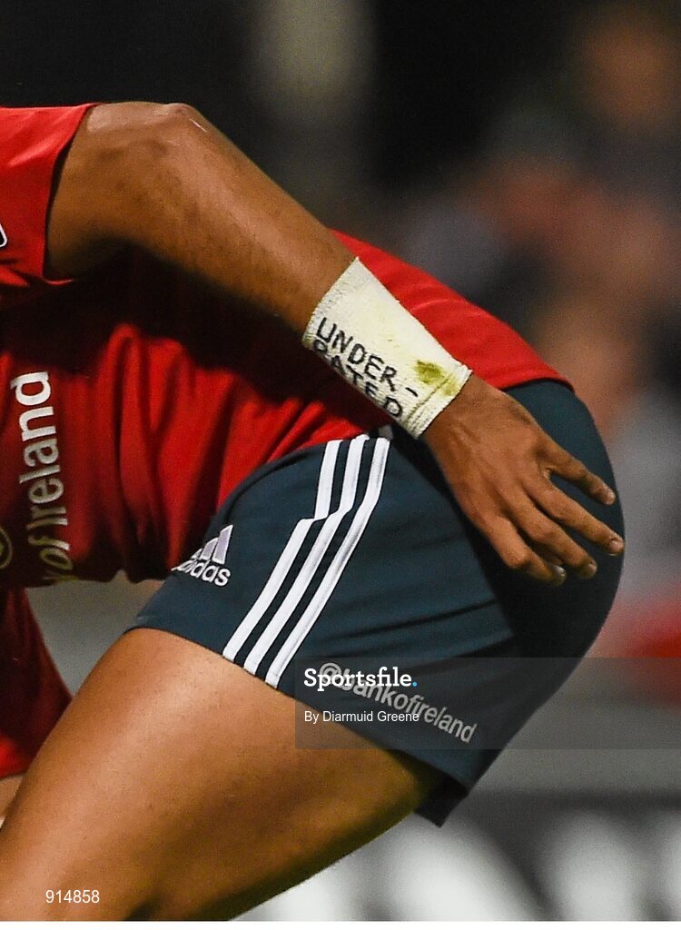 19 September 2014; A general view of the wrist strapping on Munster's Simon Zebo, which reads "under rated". Guinness PRO12, Round 3, Munster v Zebre. Thomond Park, Limerick. Picture credit: Diarmuid Greene / SPORTSFILE