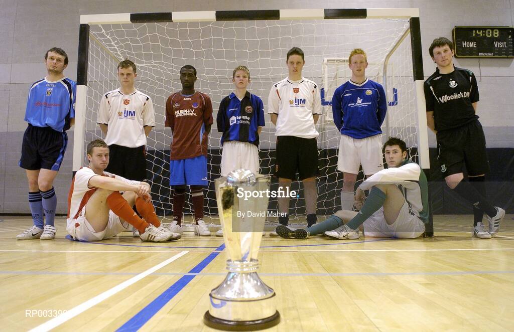 13 February 2007; Players, from left, Conan Byrne, UCD, Kevin Cornwall, St. Patrick's Athletic, Shane Grimes, Dundalk FC, Palnanef Matundo, Drogheda United, Ian Byrne, Bohemians, Stephen McTheirll, Dundalk FC, Ronan McGann, Monaghan United, Brian Gartland, Bray Wanderers, and Karl Cogan, Shamrock Rovers, attend the launch of the Under 21 Futsal League by the Football Association of Ireland. Dublin City University, Dublin. Picture credit: David Maher / SPORTSFILE