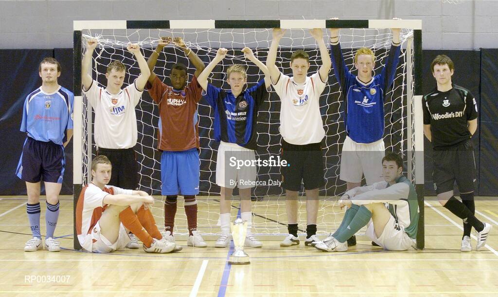 13 February 2007; Players, from left, Conan Byrne, UCD, Kevin Cornwall, St. Patrick's Athletic, Shane Grimes, Dundalk FC, Palnanef Matundo, Drogheda United, Ian Byrne, Bohemians, Stephen McTheirll, Dundalk FC, Ronan McGann, Monaghan United, Brian Gartland, Bray Wanderers, and Karl Cogan, Shamrock Rovers, attend the launch of the Under 21 Futsal League by the Football Association of Ireland. Dublin City University, Dublin. Picture credit: Rebecca Daly / SPORTSFILE