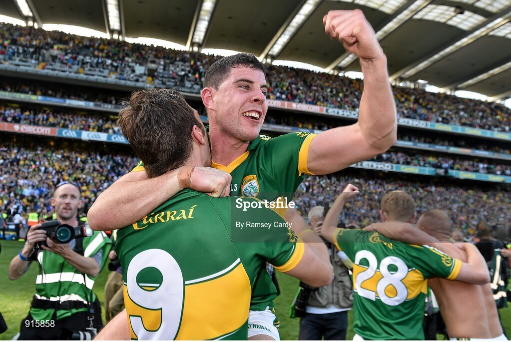 21 September 2014; Kerry's David Moran, left, and Michael Geaney celebrate at the final whistle. GAA Football All Ireland Senior Championship Final, Kerry v Donegal. Croke Park, Dublin. Picture credit: Ramsey Cardy / SPORTSFILE