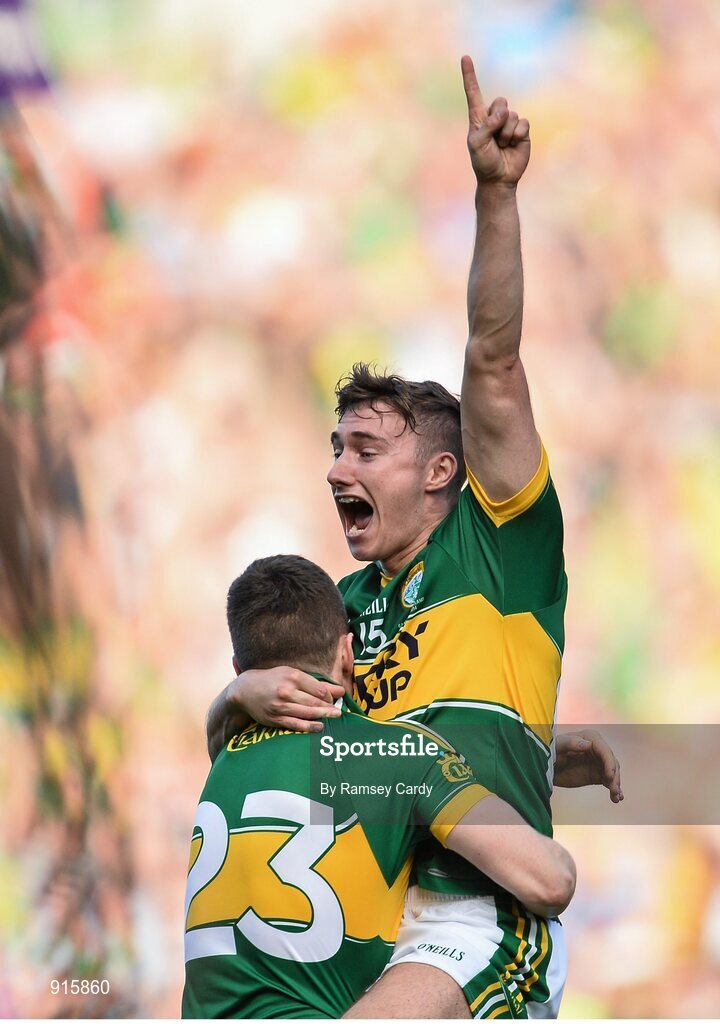 21 September 2014; Kerry's James O'Donoghue, right, celebrates with team-mate Kieran O'Leary at the final whistle. GAA Football All Ireland Senior Championship Final, Kerry v Donegal. Croke Park, Dublin. Picture credit: Ramsey Cardy / SPORTSFILE