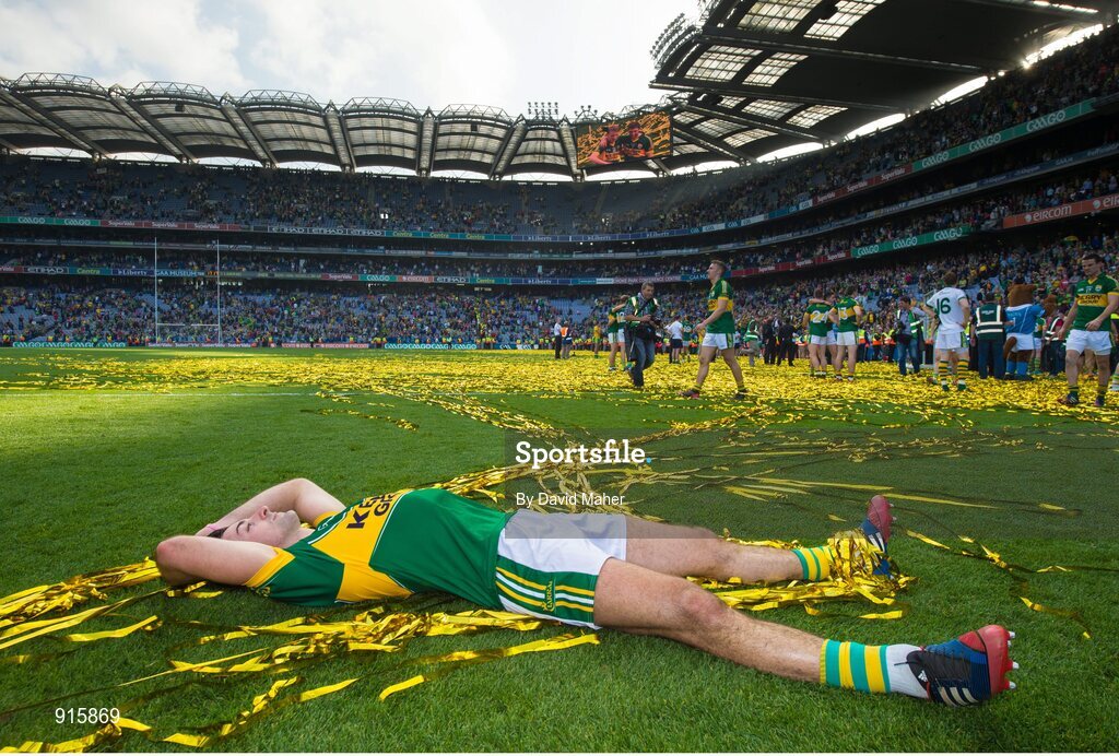 21 September 2014; Aidan O'Mahony, Kerry, lies on the pitch after the presentation. GAA Football All Ireland Senior Championship Final, Kerry v Donegal. Croke Park, Dublin. Picture credit: David Maher / SPORTSFILE