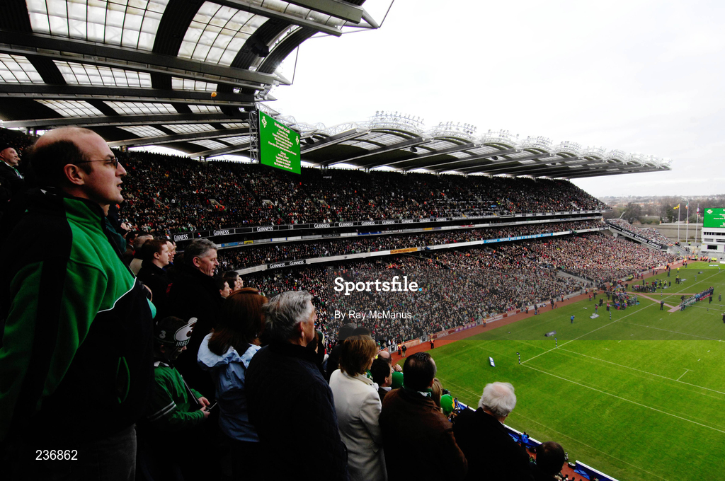 11 February 2007; Ireland supporters stand for the national anthems before the game. RBS Six Nations Rugby Championship, Ireland v France, Croke Park, Dublin. Picture credit: Ray McManus / SPORTSFILE